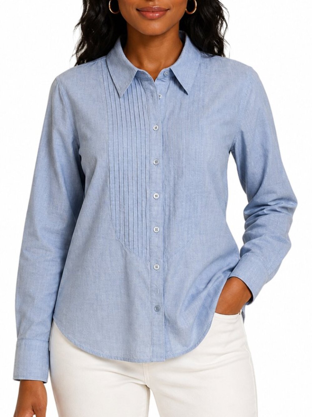 CAbi Light Blue Chambray Button-Front Pleated Pintuck Long Sleeve Blouse